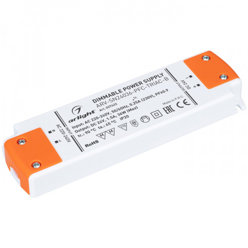 Блок питания ARV-SN24036-PFC-TRIAC-B (24V, 1.5A, 36W) (Arlight, IP20 Пластик, 3 года)