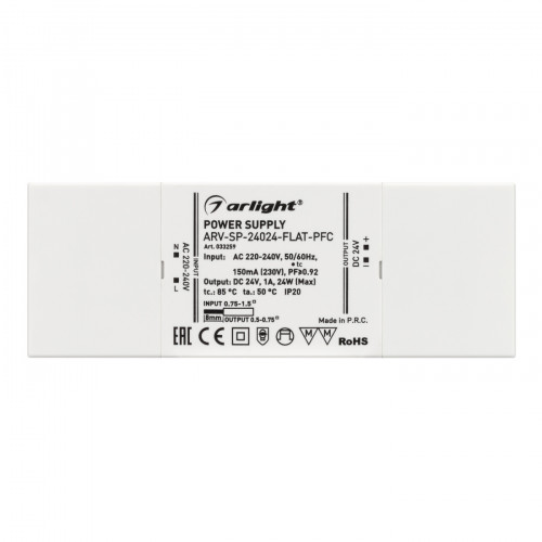 Блок питания ARV-SP-24024-FLAT-PFC (24V, 1A, 24W) (Arlight, IP20 Пластик, 5 лет)