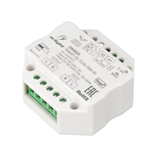 Диммер SMART-D5-TUYA-DIM-IN (230V, 1.5A, TRIAC, WiFi, 2.4G) (Arlight, IP20 Пластик, 5 лет)